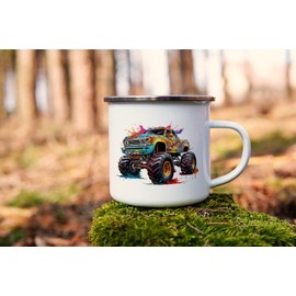 MAXIKIWI - Durable Enamel Coffee or Tea Cup for Indoor and Outdoor Use - Monster Truck - 350ml