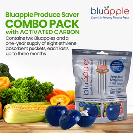 Bluapple Produce Saver Ethylene Gas Absorber 1 Year Combo Pack with Activated Carbon - 2 Bluapples + 8 Packets (13 grams each) Vegetable & Fruit Freshness Extender, Produce Storage, BPA-Free, USA-Made