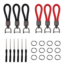 INNAL Set of 12 Keyrings for Car, Motorcycle with 6 Screwdrivers, Braided Leather Keyring, Unisex Leather Car Key Ring for Car, Motorcycle and Home Keys, Black and Red