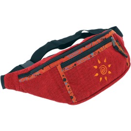GURU SHOP Large Embroidered Fabric Belt Bag, Crossbody Bag, Waist Bag, Shoulder Bag, Red, Men/Women, Cotton, 15 x 35 x 5 cm, Festival Bum Bag Hippie, red, Casual
