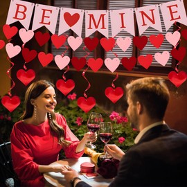 Be Mine Valentine Banner Red love Heart Garland Hanging Swirl Decor Valentines Decorations Glitter Red Happy Valentine's Day Decorations for Home Engagement Anniversary Bridal Wedding