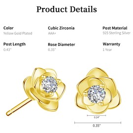 Gold Plated Rose Flower Stud Earrings with Cubic Zirconia Earrings for Women Gift