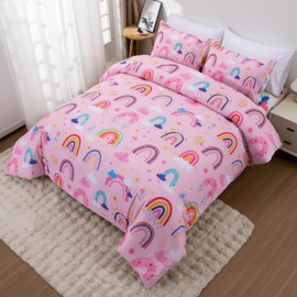 Btargot Lightweight Soft 3 Piece Rainbow Comforter Set with 2 Pillow Covers, Cartoon Love Hearts Suns and Stars Bedding Set for Girls Boys Kids, Twin Light Pink