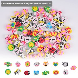 200 Pieces Cartoon Cute Animal Pencil Erasers Pencil Eraser Toppers Rabbit Zebra Mushroom Ladybug Pencil Caps for Kids School Classroom Supplies Party Favors