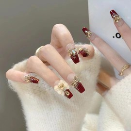 Press on Nails Long Ballet Shaped Love Heart Bow Tie Design Wine Red French Fake Nails Artificial Acrylic Nails Glitter Diamond False Nails Full Cover Reusable Coffin Nails Glue on Nails for Women