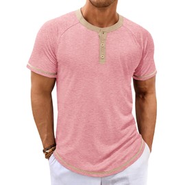 Makkrom Mens Henley Shirts Short Sleeve Casual Summer Basic T Shirts Button Vintage Lightweight Tee Tops Pink