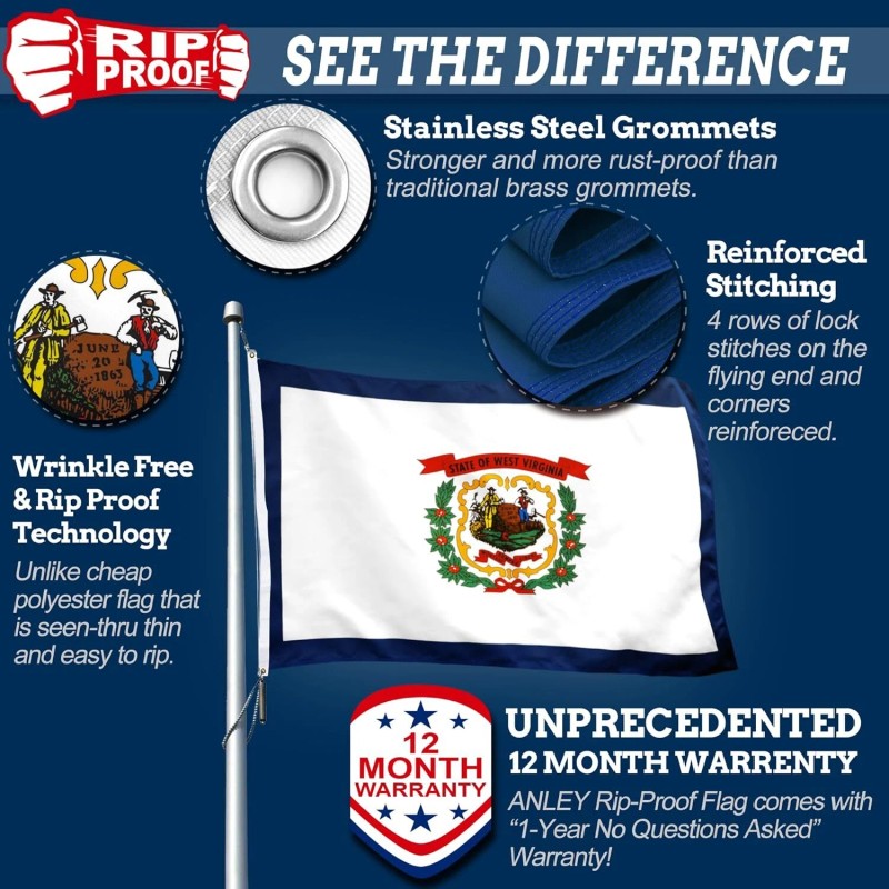 Anley Rip-Proof Double Sided 3-Ply West Virginia State Flag 3x5