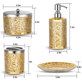 Joitsvia Bathroom Accessory Set, Mosaic Glass 4 Pcs Gold Bathroom Accessories Sets, Include Soap Dispenser, Cotton Swab Jars, Tooth Brush Holder and Soap Dish, Modern Bathroom Decor, Gift for Home