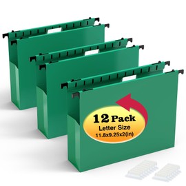 SHUTEX Extra Capacity Plastic Hanging File Folders,12 Pack Reinforced Expanding Hang Folder Letter Size,Accordian Pocket,Heavy Duty 2 Inch Expansion,Hanging Folder Organizer for Office Home,Green