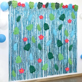 AmazingSpark 78 Pcs Hawaiian Luau Party Decorations, 2 Pack 3.3x6.6ft Blue Tropical Foil Fringe Curtains 76 Pcs Paper Palm Leaves and Flowers for Aloha Summer Birthday Party Photo Props Backdrop