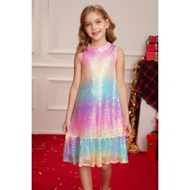 GRACE KARIN Girls Kid Sequin Party Dresses Mock Neck Sleeveless Sparkly Fancy Formal Dress(Rainbow,7-8 Years)