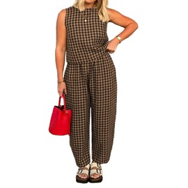 Xfileen Women's Summer 2 Piece Outfits Plaid Crop Tank Top High Waisted Baggy Ankle Barrel Pants Gingham Lounge Set Khaki