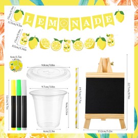 THE KING HIS QUEEN Lemonade Stand Supplies 50 Pcs Lemonade Cups with Lids and Straws, 2 Pcs Lemonade Banners, Wooden Blackboard and Lemon Stickers for Summer Lemon Birthday Baby Shower Party Decor