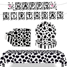 Cow Print Birthday Decorations Party Supplies for 20 Guests Include Happy Birthday Banner Plates Napkins Tablecloth Balloons Cupcake Toppers for Kids Girls Boys Decorations
