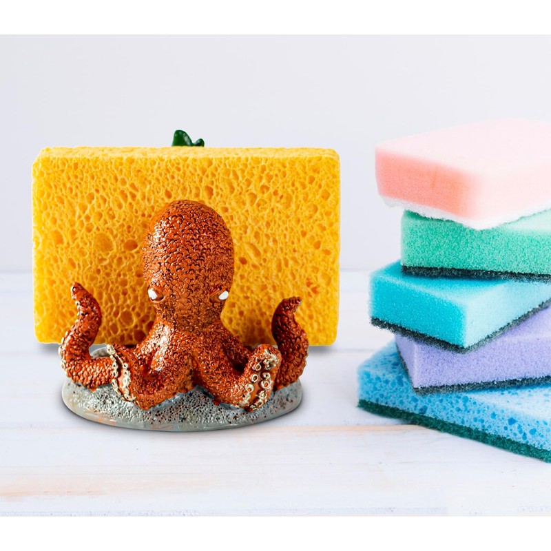 Cute Octopus Sponge Holder - Red, Resin, Practical Sink Kitchen