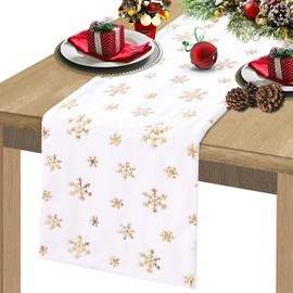 Christmas Snowflake Table Runner Faux Fur 13 x 60 Inches White Table Runner with Gold Sequin Snowflakes Xmas Table Runner for Wedding Birthday Winter Table Decorations
