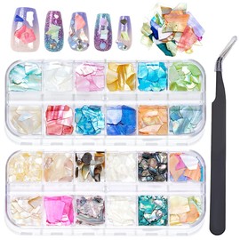craspire 24 Grids Abalone Nail Art Flakes Kit Natural Shell Irregular Nail Sequins Foil Tweezers 3D Mermaid Aurora Colourful Glitter Nails Mica Disc Holographic Gemstone