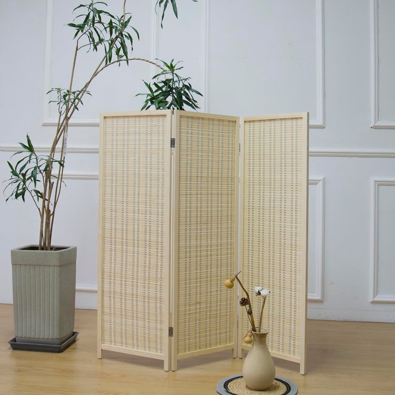 Furnnylane 3 Panel Short Room Divider Screen,Beige Freestanding Partition,Small Bamboo