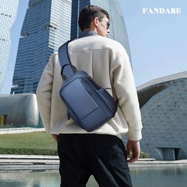 FANDARE Mens Chest Bag Sling Bags for Men Personal Flex Bag Small Crossbody Sling Backpack PU Film Shoulder Bag Man Bags for Work Professional Office Travel Satchel Bag with Earphone HoleBlue