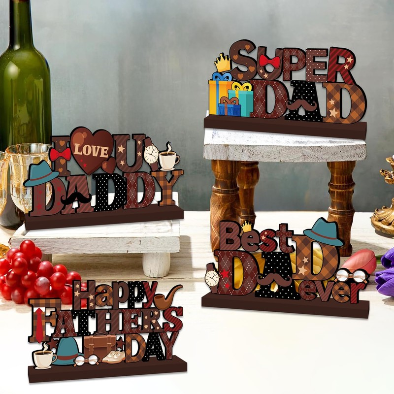 4pcs Fathers Day Decorations Table Centerpiece Wooden Happy Fathers Day