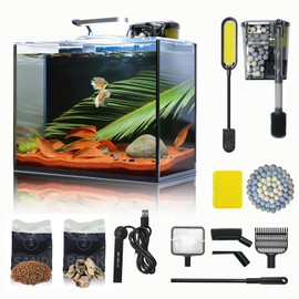 3 Gallon Small Aquarium Set Glass Fish Tank, Starter Kit with Heater Water Pump Cleaning System Filter Bright Light Rocks Gravel Cleaning Tool, Leak-Proof Clear Rimless Desktop Spaces Saving Betta