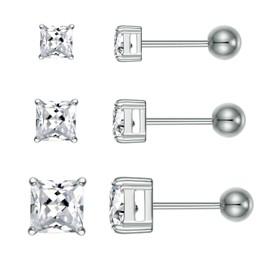 Titanium Screw Back Earrings Set for Men 316L Surgical Stainless Steel 3/5/7mm CZ Princess Square Women Studs Pack of 3 (3-5-7mm-gold)