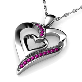 DEPHINI - Heart Necklace - 925 Sterling Silver - Double Love Heart Pendant - Pink CZ Crystals - Fine Jewellery Woman Necklace - 18" Rhodium Plated Silver Chain - A+ Cubic Zirconia - Gifts for Women