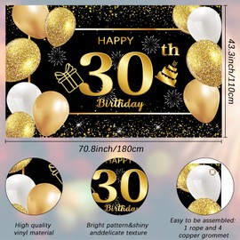 30th Birthday Banner, Happy 30th Birthday Decorations Banner 30th Photo Backdrop, Black Gold Birthday Party Background Supplies Anniversary Photo Booth Sign Poster Background for Men and Women