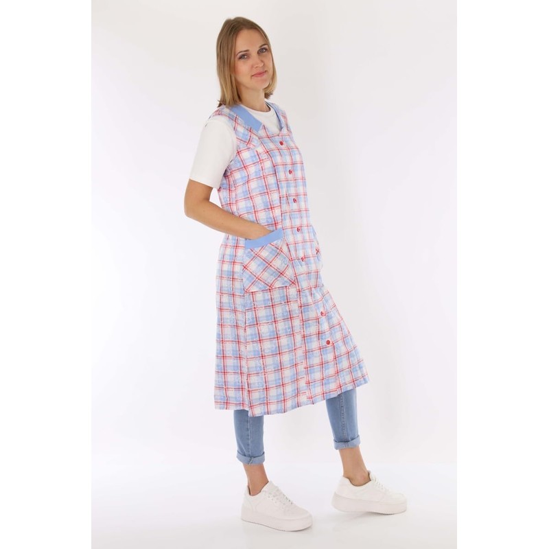 Schuerzenfabrik Button Gown Women's Mixed Fabric Checked Apron Sleeveless Cooking