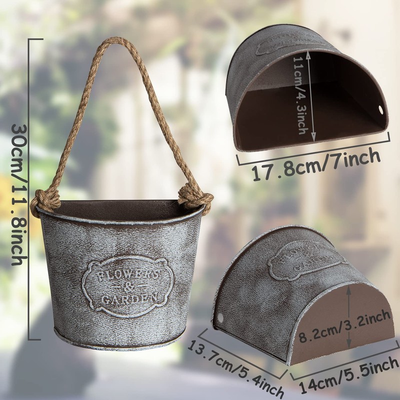 XONOR 4Pcs Galvanized Metal Hanging Wall Planter, Rustic Wall Flower
