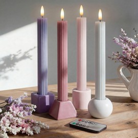 West Ivory Dusty Mauve Coordinated Pinkish Lilac 4 Pack, 10" Real Wax LED Flameless Fluted Ribbed Grooved Taper Candles, Remote & Timer, On/Off Button, Dimmable, Battery Operated, Menorah Wedding