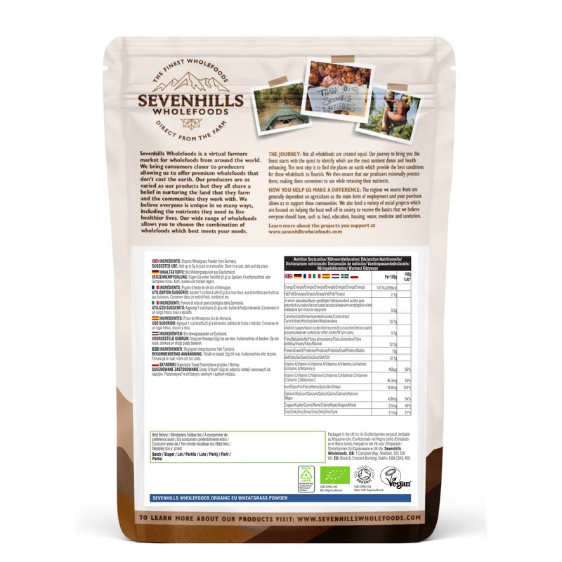 Sevenhills Wholefoods Organic Wheatgrass Powder, European (EU) 500g