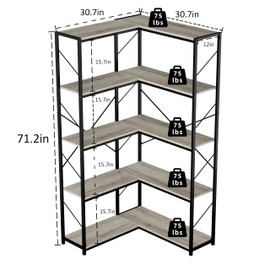 Shintenchi 5 Tier Corner Bookshelf,L Shaped Bookcase,Large Etagere Bookcase,Corner Shelf Display Storage Rack with Metal Frame for Living Room Bedroom Office,Grey