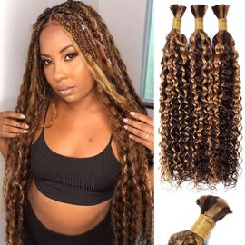 SOYI HAIR Extensiones de cabello humano ondulado y húmedo para trenzas, 150 g, 20 pulgadas, P4/27, rizado, para trenzas bohemias, sin trama, 3 trenzas por paquete