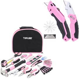 TOPLINE 208-Piece Ladies Pink Tool Set with Easy Carrying Round Pouch and 2-Pack Utility Knife Set, Retractable Box Cutter and Folding Pocket Utility Knife Included
