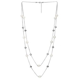 COOLSTEELANDBEYOND Silver White Statement Necklace Two-Strand Long Chains with Silver Crystal Beads Charms, Fashionable