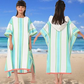 VOOVA & MOVAS Hooded Poncho Towels for Teens (8-16Years), 100% Cotton Thick Poncho Towel for Big Kids, Perfect for Pool, Beach, Bath, Green White Stripe