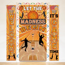 AIBIIN 3Pcs Basketball Party Decorations Set Let The Madness Begin Door Cover Hanging Welcome It's Game Time Porch Sign for Indoor Outdoor March Madness Basketball Theme Party Supplies
