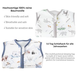 Chilsuessy Baby Sleeping Bag with Feet, Pack of 2, 1.5 Tog, Children's All-Year Sleeping Bag, 100% Cotton Baby Sleeping Bag with Legs, 1.5 Tog/Giraffe Forest + Animal Card, 70 cm, Baby Height 75-85 cm