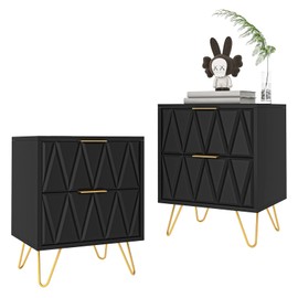 Nightstands Set of 2, Modern Bedside Table with 2 Drawers, Wood Sofa End Table Storage Side Table with Metal Leg and Handle for Bedroom, Living Room(Black)