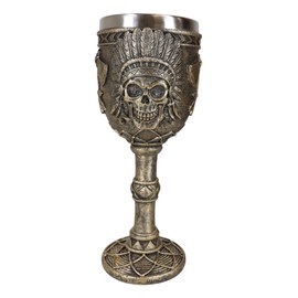 Ebros Gift Native American Indian Tribal Chief Skull With Roach Headdress And Crossed Double Axes Wine Goblet Glass Chalice Drinkware Ossuary Macabre Accent In Faux Bronze Finish