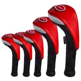 Andux 5pcs/Set PU Golf Wood Club Head Covers 460cc Driver Covers with Long Neck Red