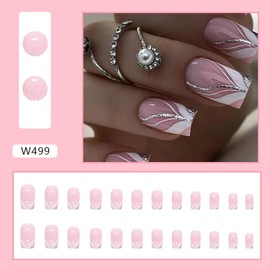 24Pcs French Press on Nails Square Short Glossy Full Cover Acrylic Coffin False Nails with Silver Line Designs Artificial Natural Fake Nails with Glue Stick on Nails for Women Girls