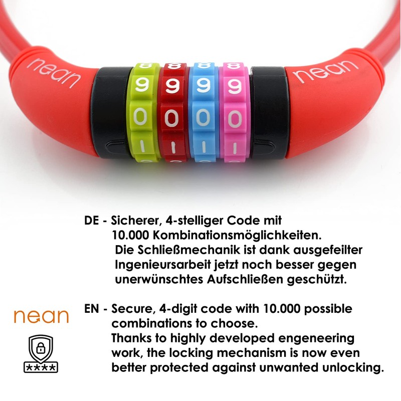 Nean children's-bicycle-cable-lock, number code combination lock in colourful design, 10
