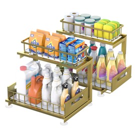 Under Sink Organizer Storage: Adjustable Height, 2 Tier L-Shaped Pull-Out Metal Shelf with Non-Slip Pads & Rust-Resistant Design Maximize Kitchen & Bathroom Cabinet Space