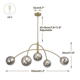 Fulesi Modern Gold Chandelier 5 Light Smoke Gray Semi Flush Mount Chandelier Vintage Industrial Ceiling Light Dining Room Chandelier for Kitchen Bedroom Hallway