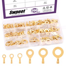 Swpeet - Juego de 240 terminales de cobre para engarzar cables sólidos o cables trenzados, color dorado M3 M4 M5 M6 M8 M10, color dorado, M10, color dorado, M3, M4, M5, M6, M10