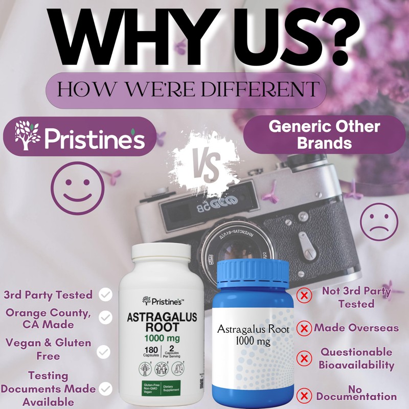 PRISTINE'S Astragalus Root Immune Support Supplement Capsules -1000mg 90 Day