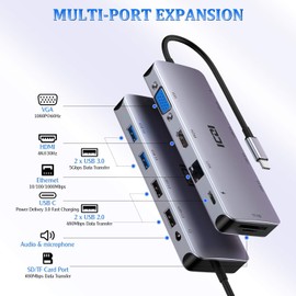 ICZI USB C Hub 11 in 1 Docking Station Multiport Adapter with 1*HDMI/VGA/Ethernet, SD/TF Card Reader, 4*USB Port, 3.5 Audio Jack and PD Charging Compatible with MacBook, Dell/HP/Lenovo Laptop, Surface