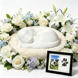 White Sleeping Dog Cremation Urn for Dog Ashes, Resin Pet Memorial Keepsake Funeral Urn, Medium-Sized Pet Loss Remembrance Gift for Love Dogs, 9.4 inches